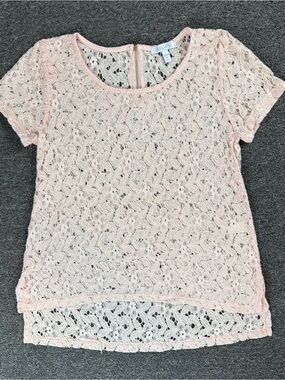 Y2K 10s dELiA*s Women’s S Sheer Pink Floral Lace Short Sleeve Zip Back Blouse